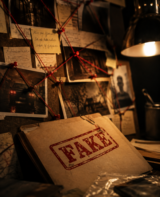 Image représentant un bureau d'enquêteur, avec un tableau, des indices et un dossier avec un tampon "Fake' dessus.
